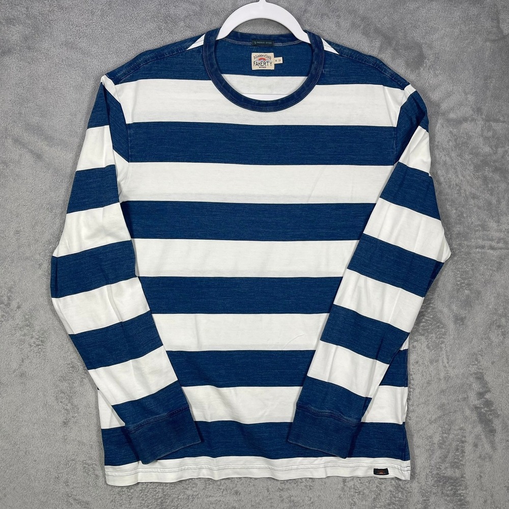 Faherty Striped Long Sleeve crewneck Mens Size M Blue White Organic Cotton